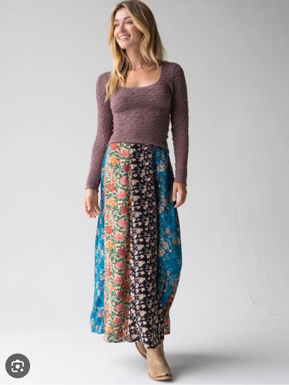 Natural Life Valentina Patchwork Floral Flowy Maxi Skirt Hippie Boho Size XS
